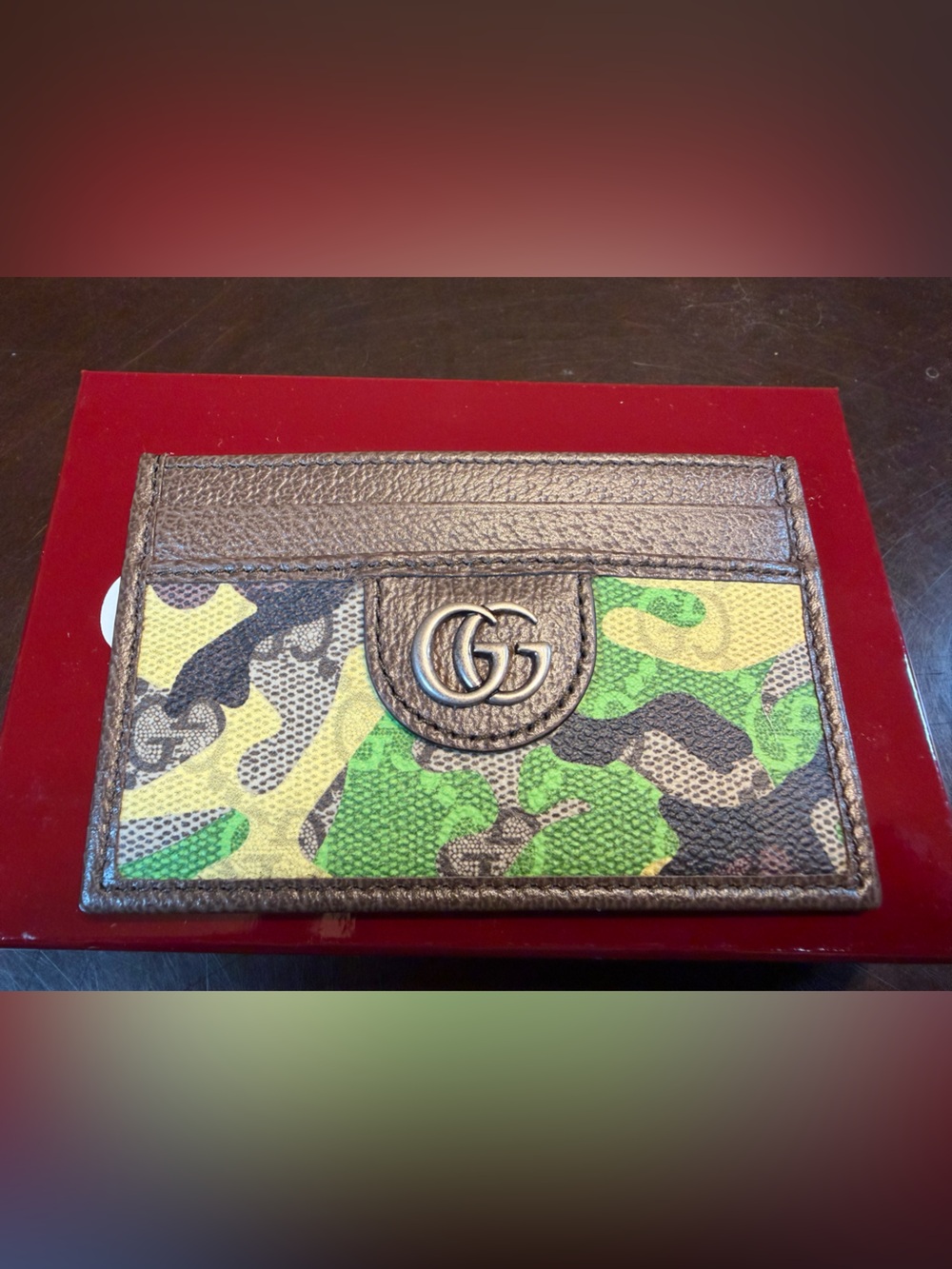 New Authentic Gucci GG Supreme Logo Card Case Wallet Brown Green Leather - Picture 7 of 9